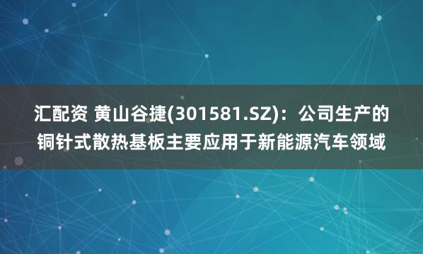 汇配资 黄山谷捷(301581.SZ)：公司生产的铜针式散热基板主要应用于新能源汽车领域